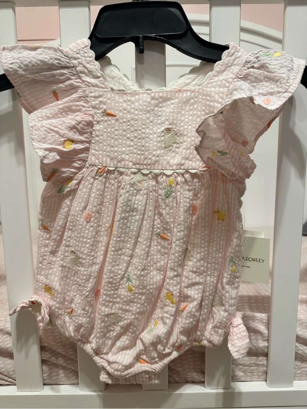 Pink Baby Seersucker Romper with Fruit Embroidery